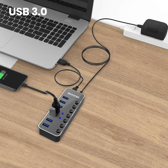 Auronic USB Hub 3.0 - Répartiteur USB avec 7 ports - avec alimentation - 5 GBP - Indication Led - Noir