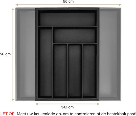 Budu Plateau à couverts extensible en bambou #50 (50 cm de profondeur) - Noir - Cassette à couverts en bois - Tiroir à couverts - 50 x 34.1 - 56 cm - 6/8 compartiments