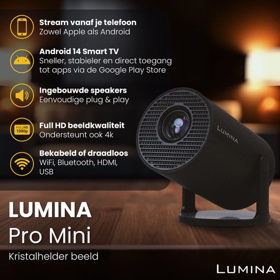 Lumina® Pro Mini Beamer 2026 - Projecteur intelligent Android 14 avec Google Playstore - Home cinéma - Pour iOS & Android - WiFi 6 & Bluetooth 5.4 - Noir