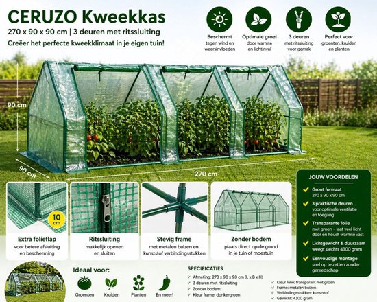 Ceruzo serre 270 cm - Serre à feuilles - 3 portes - Serre - Jardin - 270 x 90 x 90cm