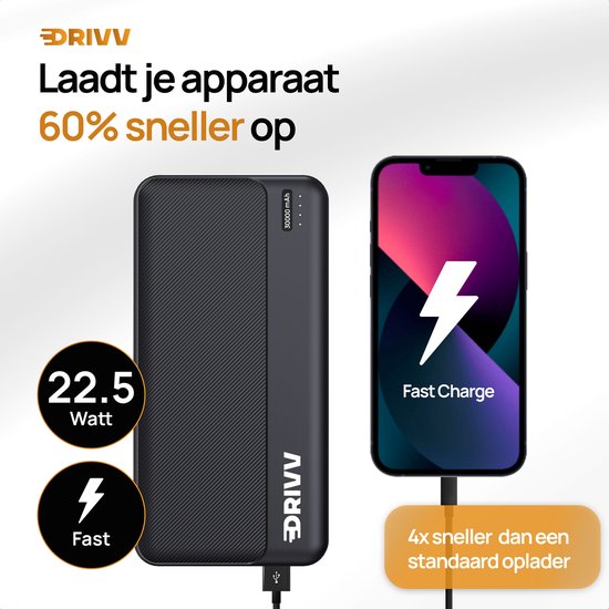 Drivv. Powerbank 30 000 mAh - Chargeur rapide 22,5 W - USB 3.0 - USB-C - Micro USB - Noir