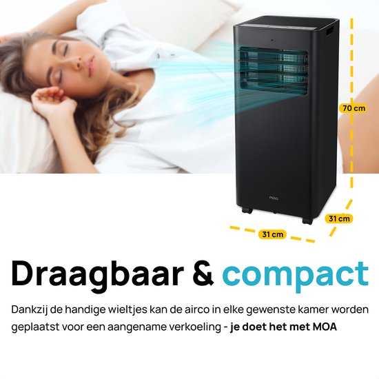 MOA Mobile Air Conditioner - 7 000 BTU - Climatiseur - télécommande - Classe énergétique A - Kits d'étanchéité pour fenêtres - Chambre à coucher - Salon - jusqu'à 60 m³ de refroidissement - ventilateur et déshumidificateur - Noir