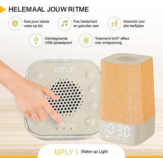 UPLY Lumière d'éveil - Avec prise de charge USB - Avec 30 sons - Réveil avec lumière - Bruit blanc - Réveil numérique
