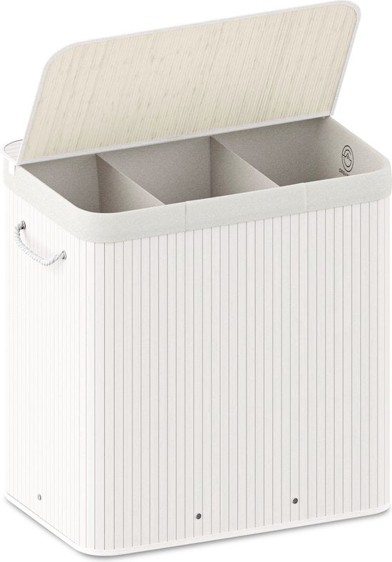 Organess panier à linge 3 compartiments - Trieur de linge - Panier à linge avec couvercle - Pliable - 150L - Bambou blanc