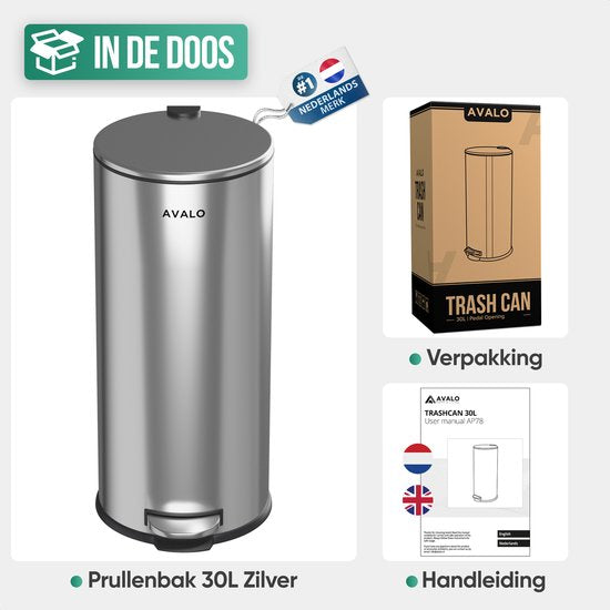 Avalo Pedal Bin Trash 30L - Stainless Steel Silver - Soft Close - Pedal Bin 30 Liter - Trash 30 Liter