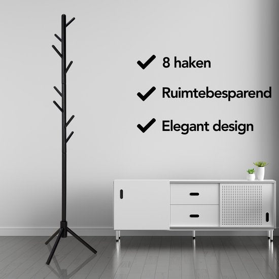 Brixy Porte-manteau - Porte-manteau sur pied - 8 crochets - 175 cm - Porte-manteau en bois - Porte-manteau - Noir