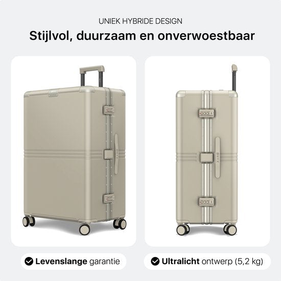 ONYX Hybrid Pro Check-in Suitcase Large 100 Liter - Recycled Polycarbonate and Zipperless Design - Travel suitcase with TSA lock and Spinner wheels - Lightweight Trolley with Laptop compartment - Ivory White