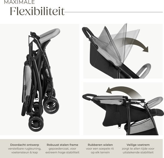 tectake® Buggy - Poussette - Pliable, harnais 5 points, dossier et repose-jambes réglables - Avec frein, roues à roulement souple - Panier de rangement pratique - Noir/gris