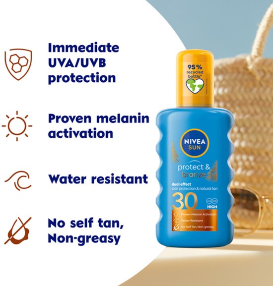 NIVEA SUN Protect & Bronze Spray solaire - SPF 30 - Spray solaire - Waterproof - Stimule le bronzage - 200 ml