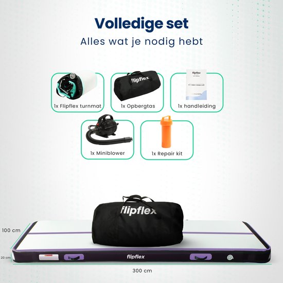 Flipflex Airtrack - Tapis de gymnastique - 3 mètres - 20cm d'épaisseur - tapis de gymnastique - avec mini-tour 600W - avec sac de transport de luxe - Gymnastique