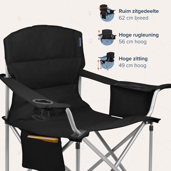 TRVLMORE Chaises de camping - Pliables - 2 pièces - XL - Chaises pliantes - Capacité de charge de 150 kg - Porte-boisson - Compartiment réfrigérant - Poche latérale - Chaise pliante - Noir