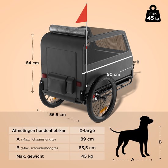 TrevoPet® Dog Bike Trailer XL - remorque pliante pour vélo - remorque pour chien avec rampe, système de suspension et résistance aux intempéries - convient aux vélos électriques - 45 kg - noir