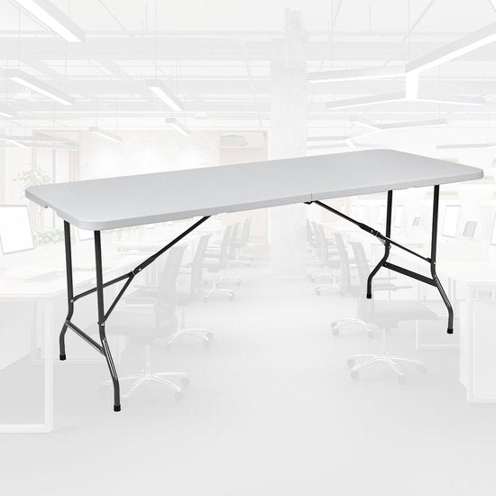 BRASQ Table pliante pliable blanche - 180x70x74cm- Table de camping - Table pliante - Résistante aux intempéries - Table avec poignée de transport