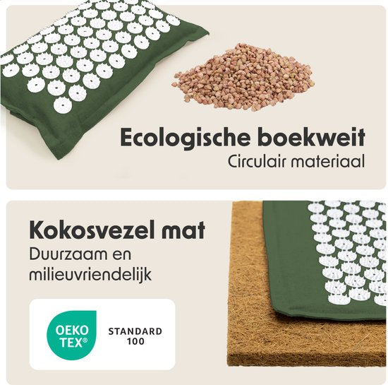 LifeGoods Acupressure Mat Eco - avec coussin - Shakti mat - Nail Mat Incl. 2x Trigger Point Ball and Carrying Bag - 72x43x2cm - Green/White