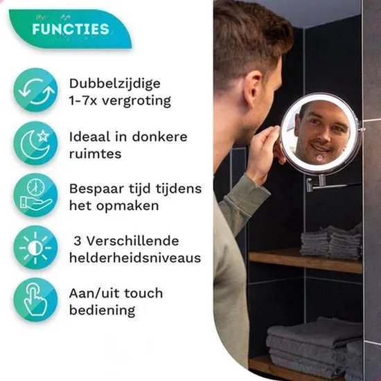 Mirlux Miroir de maquillage avec éclairage Led - rechargeable - grossissement 7X - Miroir grossissant avec lumière - Miroir de rasage - Miroir de salle de bain - Chrome