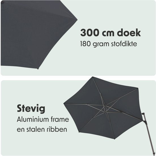 LifeGoods Parasol - Ø300 cm - 30° inclinable - Système One-push - Imperméable - avec housse - Anthracite