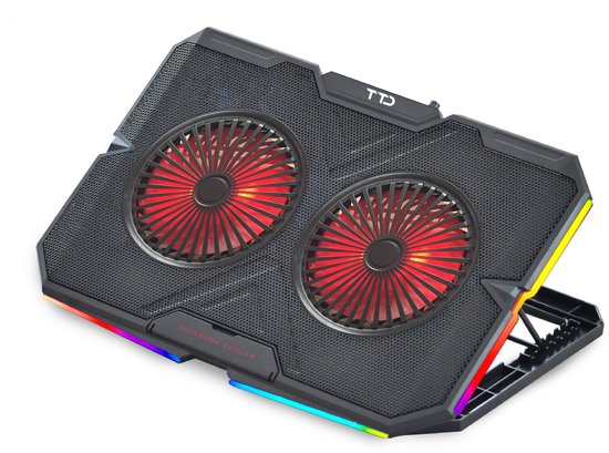 TTD® Premium Laptop Cooler and Adjustable Laptop Raiser - Support pour ordinateur portable réglable - Vitesse de rotation jusqu'à plus de 2400 RPM - Cooling Pad pour ordinateur portable de jeu - Jusqu'à 17 pouces - Port USB supplémentaire - Noir
