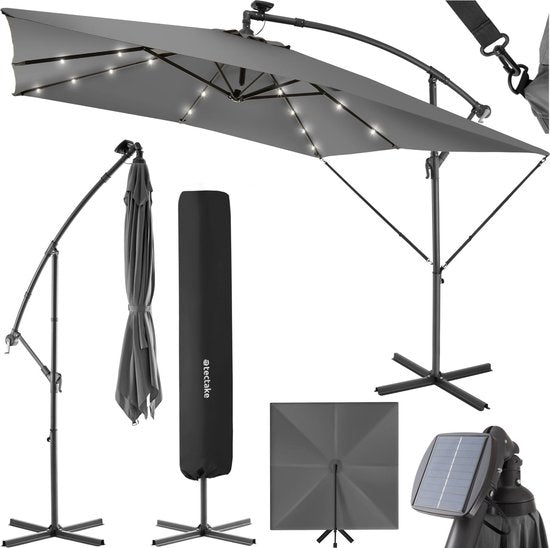 tectake® Parasol rectangulaire - Avec éclairage solaire LED - Housse de protection incluse - Parasol flottant - Protection solaire terrasse, jardin - Parasol de balcon - Grand parasol - 250x300cm - Gris
