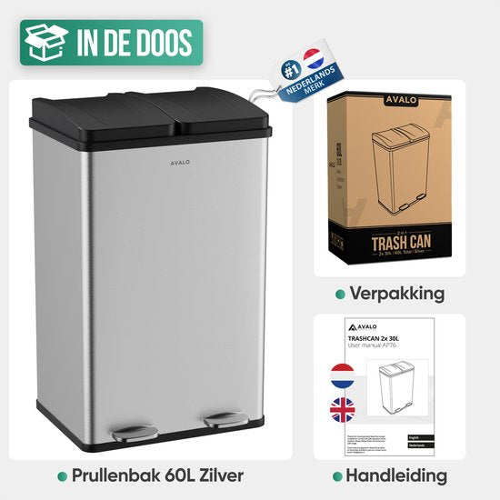 Avalo Trash Bin Waste Separation 60 Liter - Stainless Steel Silver - 2 compartiments - Respectueux de l'environnement, hygiénique et sans traces de doigts - Poubelle à pédale / Trash can