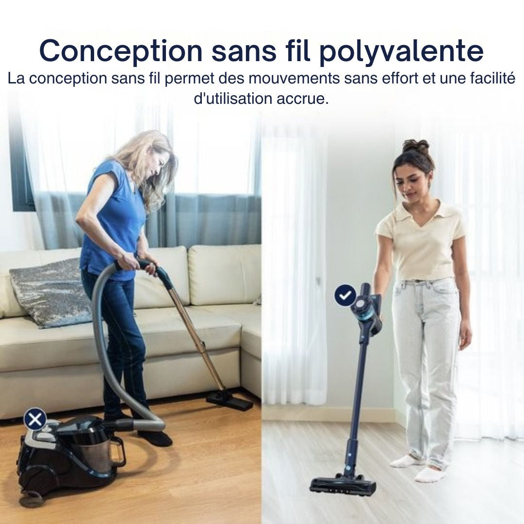 Aspirateur bâton sans fil - Samako - CleanDetect Lite 250W - 2 accessoires - Pas de sac sur la batterie - bleu foncé