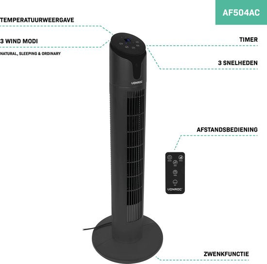 VONROC Luxury Fan - Ventilateur de tour - hauteur 86 cm - télécommande incluse - 3 vitesses - fonction swing - minuterie de 15 heures - noir