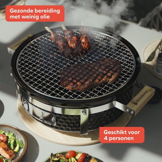 KitchenBrothers Kamado Hibachi Grill - Sans PFAS - Barbecue au charbon de bois - Shichirin Table Grill - Round BBQ - Barbecue en céramique - Noir