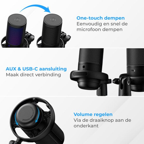Nuvance - Microphone USB avec support - pour PC et microphone de jeu - avec filtre anti-bruit - Convertisseur USB-C inclus - Microphone de streaming - RGB