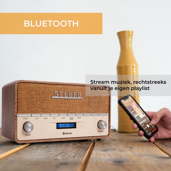 Denver DAB Radio XL - Radio rétro - Bluetooth - DAB+/ FM - Batteries et secteur - DAB36LW