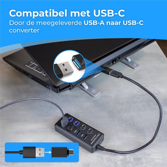 Nuvance - Hub USB 3.0 - 4 ports - Répartiteur - Hub/adaptateur USB C - Universel - Interrupteur marche/arrêt - Noir