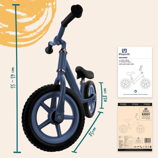 LifeGoods KiddyCruiser Balance Bike - 2 ans - Garçons et filles - Bleu marine