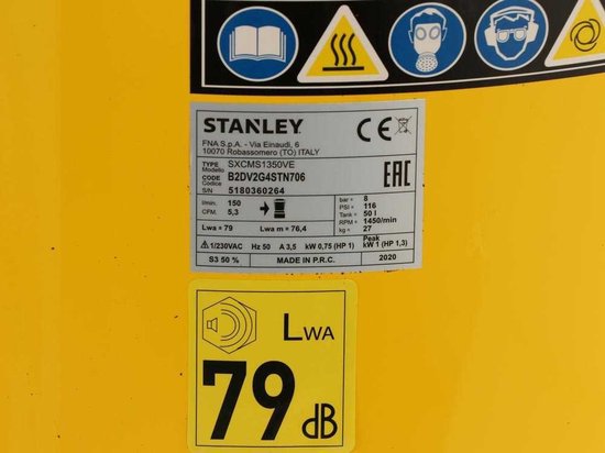 Stanley Compressor, compresseur d'air sans huile, compresseur silencieux, vertical, 1 hp, 8 bar, capacité du réservoir 50 L