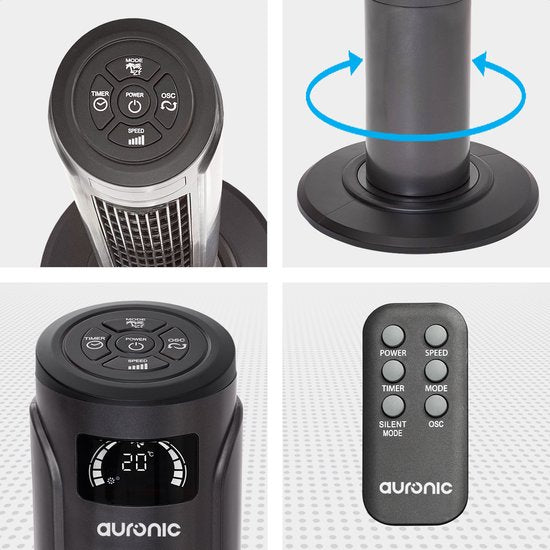 Auronic Tower Fan - Ventilateur sur pied avec télécommande - Ventilateur de sol - Minuteur - Ventilateur de colonne - Ventilateur - 55W - 45dB - 118cm - Gris foncé