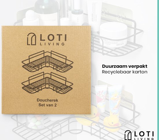 Loti Living Support de douche sans perçage - Forme d'angle - 2 pièces - Support de douche suspendu - Support de douche sans perçage - Support de douche 2 pièces - Support de douche noir - Support de douche sur mur de douche - Bande adhésive