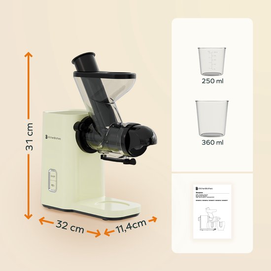 KitchenBrothers Slowjuicer - Mini presse-agrumes - Presse-légumes et fruits - Alimentation 40 mm et 50 mm - 400 ml - Campagne