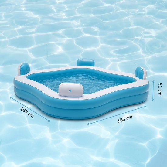 Creative Kids - Square Family Pool - gonflable - 4 chaises longues - 183 x 183 x 51 cm - porte-boissons - appuie-tête
