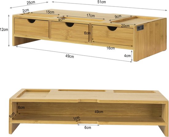 SoBuy BBF03-N Organisateur de bureau pour support de moniteur avec 3 tiroirs - Bambou - 51x12x25cm