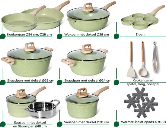Just Perfecto 21 Pieces Induction Pans Set - Green Pans Set With Lid For Gas and Induction - PFAS free - Cold grips