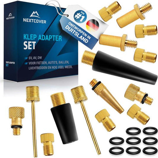 Nextcover® Profi Bicycle Valve Adapter Set [15-piece] I Convient à toutes les valves I Adaptateur pour valve française pour pompe à vélo et compresseur I Adaptateur de valve de vélo I Adaptateur de valve I Valve de voiture I Valve de vélo