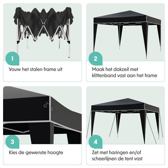 LifeGoods Party Tent Plus - Tente pliante - 3x3 m - Montage facile - Armature renforcée - Imperméable - Sac de transport - Noir