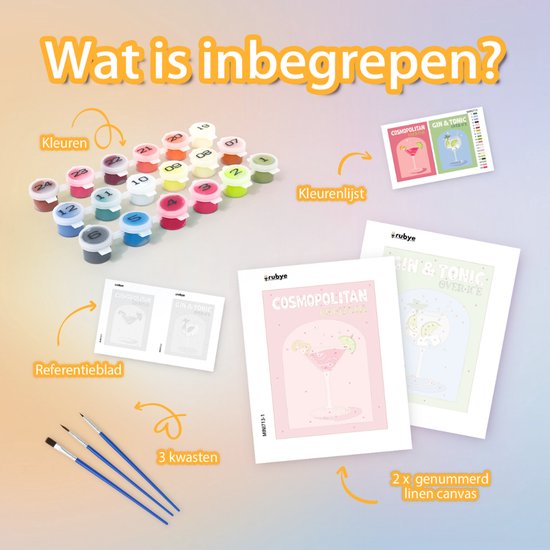 Rubye® Painting By Number Adults - Gin Tonic - Cocktails - Peinture et pinceaux inclus - Toile à peindre - Colour by Number - Double Set - 15x20cm