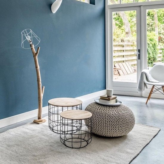 LIFA LIVING Table d'appoint moderne - Lot de 2 - Noir - Métal et bois - Rond - Plateau amovible - Panier de rangement - Stable