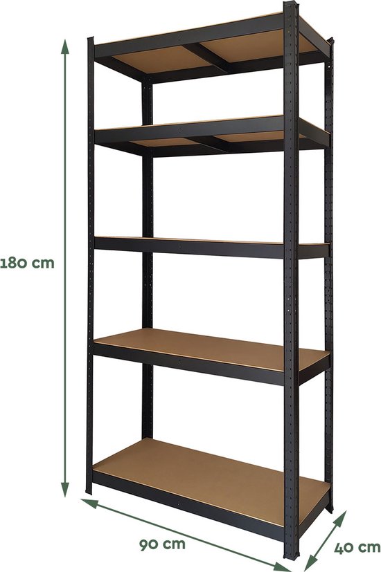 BRASQ Armoire à étagères en métal noir - Rack de stockage - Armoire murale - Armoire de stockage 180x90x40cm - 5 niveaux - armoire 175 KG/étagère - 875 KG max.