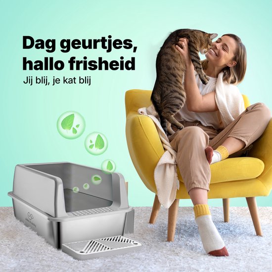 Bac à litière en acier inoxydable Jake et Jacky - Toilette pour chat en acier inoxydable - bac à litière ouvert - avec pelle à litière avec support et marche de ramassage des gravillons - 60x40x30cm