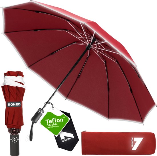 Nohrd Storm Umbrella - Bordeaux Red - Parapluie pliable - Stormproof 108 km/h - Parapluies tempête - Pliage et dépliage automatique - Réfléchissant - Parapluies - Housse de protection incluse