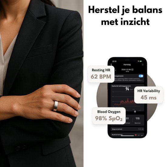 Focus® S1 Smart Ring - Argent - Taille 8 - Fréquence cardiaque - Cycle menstruel - Moniteur de sommeil - Anneau intelligent - Performance sportive - Podomètre - Étanchéité IP68 - Mesure de l'O2 - Femmes - Hommes - Wearables - Étui de chargement - anneau d