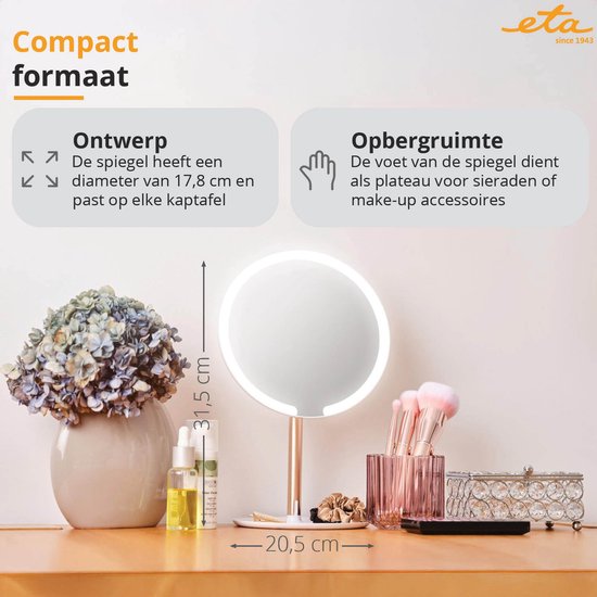 ETA Fenité Miroir de maquillage avec éclairage - Inclinable à 90° et rechargeable via USB-C - Couleur de la lumière réglable - Ø 17,8 cm - Blanc