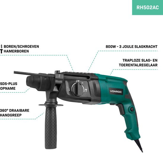 VONROC Marteau perforateur 800W - 3 Joule - SDS plus - 4 fonctions - Tête d'engrenage et accessoires inclus