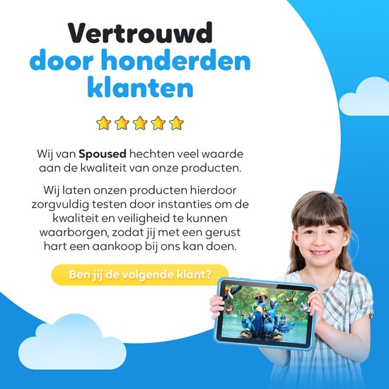 Tablette enfant Spoused - 10.1 Inch - Tablette enfant à partir de 3 ans - 64GB - 4GB RAM- 6000 mAh Battery - Incl. Protective cover & Parent Control app - Blue
