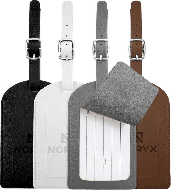 Noryx 4-piece Suitcase label set - Luggage label - Suitcase tags - Suitcase Label - Grey, White, Black & Brown