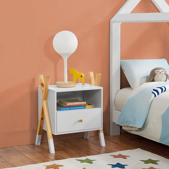 Chevet en bois / Chevet d'enfant Jamie - Blanc / Couleur bois - 1 tiroir